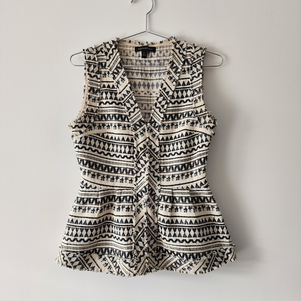 Banana Republic Peplum Top Women 0 Cream Black Geometric Tribal Boho Woven Vest
